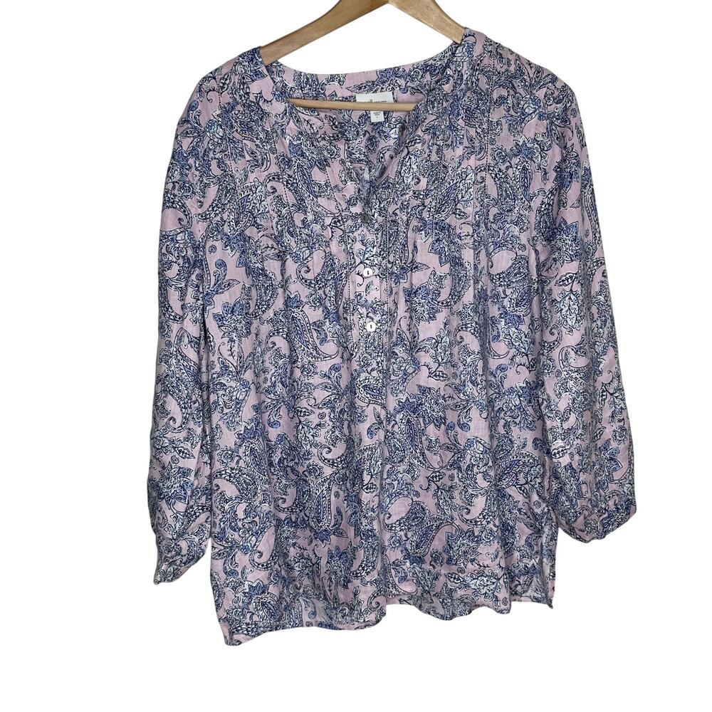 J. Jill Love Linen Popover Top Womens Large Pink Purple Paisley Floral V Neck - Picture 2 of 9